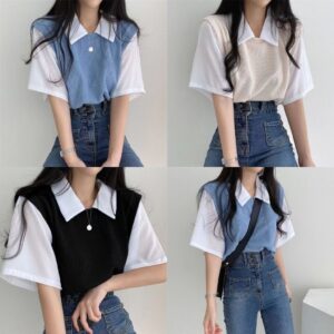 เสื้อยืดโปโล คอปก สไตล์เกาหลี ปลอม สองชิ้น สวมใส่สบาย #150291
