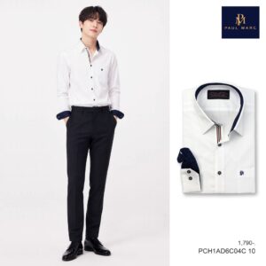 PAUL MARC เสื้อเชิ้ตแขนยาว สีขาว slim fit Signature Twill ดีเทลแต่งผ้าพิมพ์สีกรมท่า PCH1AD6C04C