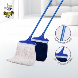 [2614] ไม้ม็อบคลิปล็อค 10" 200g แพ็คคู่ สีขาว+น้ำเงิน ด้ามเหล็กกันสนิม 3 ท่อน SUPERCAT ผ้า Cotton ซับน้ำดี
