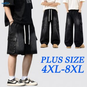 【4XL-8XL】 กางเกงยีนส์ผู้ชาย พลัสไซส์ ขากว้าง ทรงหลวม คาร์โก้ สตรีทแวร์ ระบายอากาศได้ดี เนื้อนุ่ม