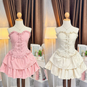 Dress อกสม็อคมีฟองน้ำชายระบาย ( T-9 )