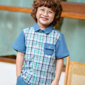 Chelsee เสื้อเชิ้ตยีนส์ แขนสั้น ลายสก๊อต ผ้ายีนส์ 100%Cotton เด็กผู้ชาย อายุ 1.5-10 ปี เสื้อผ้าเด็กโต รุ่น 128179