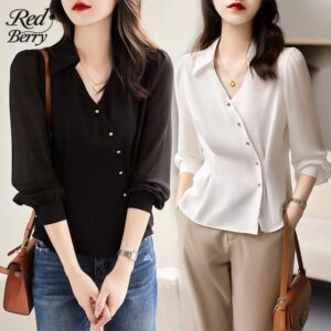 Red Berryเสื้อเชิ้ตแขนยาวทรงเข้ารูปแฟชั่นฤดูร้อนใหม่สำหรับผู้หญิงปี 2025 สไตล์ฝรั่งเศสเรียบง่าย99205