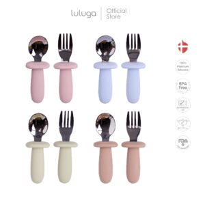 Luluga ช้อนส้อมเด็ก ช้อนฝึกทาน สแตนเลส SUS316 ด้ามซิลิโคน กันสำลัก BPA Free ฝึกทาน BLW 6 เดือน+