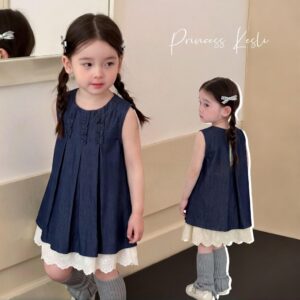 PRINCESS KESLI ชุดกระโปรงยีนส์สองชิ้นสำหรับเด็กผู้หญิง แบบเกาหลี สไตล์หลวม ชุดเดรสยีนส์เด็ก 2-11 ปี