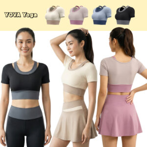 เสื้อออกกำลังกายผู้หญิง โยคะแขนสั้น เสื้อบราแขนสั้น แบบ 2 ชั้น สีทูโทน Sport Yoga Clothing Women Lady