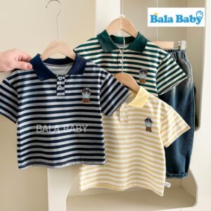 เสื้อยืดลายทาง เสื้อยืดเด็กผู้ชาย ปักหมี ลายทาง Size80-120cm DXT19