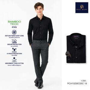 PAUL MARC เสื้อเชิ้ตสีดำแขนยาว bamboo tech slim fit ผ้านุ่มมาก ยับยาก ลดแบคทีเรียและกลิ่นอับ รีดง่าย PCH1GG6C05C