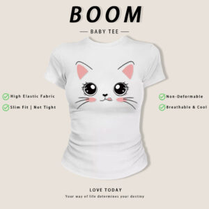 เสื้อยืด baby tee ลายแมวน่ารักสีขาว ทรงกระชับสวย ผ้ายืดหยุ่นสูง ไม่รัดตัว ระบายอากาศดี ใส่สบายไม่ร้อน แฟชั่นเกิร์ลฮิตๆ