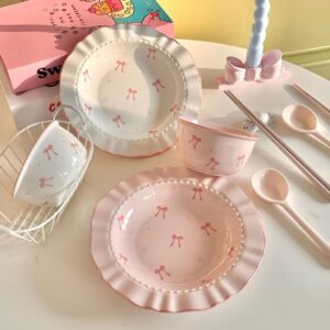 【Direct shipping】Plate Ceramic Tableware Rosy Bow Sweet And Gentle Collection Cute Bow Pattern