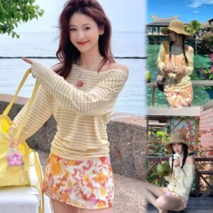 🌸Swift Bra🌸ชุดบิกินี่ 4 ชิ้น ชุดว่ายน้ำกระโปรง เสื้อคลุมแขนยาว ชุดเดรสพิมพ์ลาย สไตล์เกาหลี beach