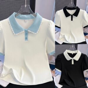 ผู้หญิง เสื้อโปโลแขนสั้น ปลอกคอลูกไม้ แฟชั่น สีทึบ พลัสขนาดเสื้อ