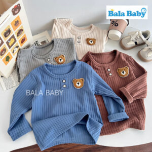 เสื้อยืดแขนยาว เสื้อแขนยาวเด็ก ผ้าร่องคุณภาพดี สีพื้นลายหมี Size80-120cm CX41