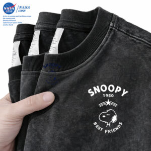 NASA เสื้อยืดฟอก oversize ชายหญิงแขนสั้น สตรีทฮิปฮอป summer SNOOPY พิมพ์ลาย คอตตอน100% คอกลม หลวมและระบายอากาศ