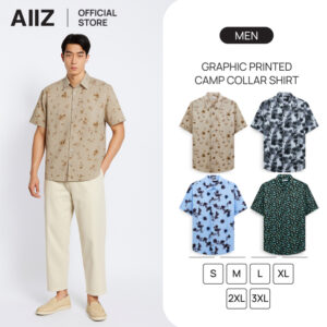 AIIZ เสื้อเชิ้ตผู้ชายแขนสั้นปกฮาวายพิมพ์ลาย