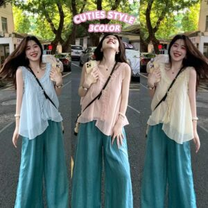 👚Anna_fashion👚เสื้อแขนกุดคอวีทรงน่ารัก ตกแต่งด้วยระบาย เสื้อกล้ามแขนกุดสำหรับฤดูร้อน ผ้าเนื้อเบา 99412