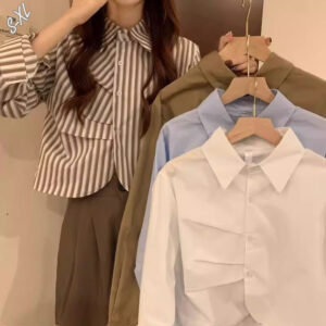 W461 เสื้อเบลาส์แขนยาวแขนสั้นทรงหลวมสำหรับผู้หญิงรุ่นใหม่ ดีไซน์มีจีบและลายทาง