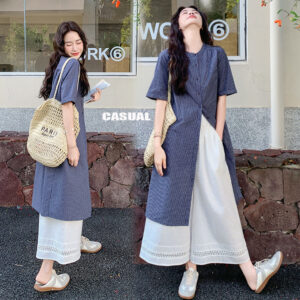 Dahong 99555/56 เดรสเชิ้ตลายตารางสีฟ้าสไตล์เรโทร ชุดกางเกงขายาวทรงบานลำลองสำหรับผู้หญิงฤดูร้อน